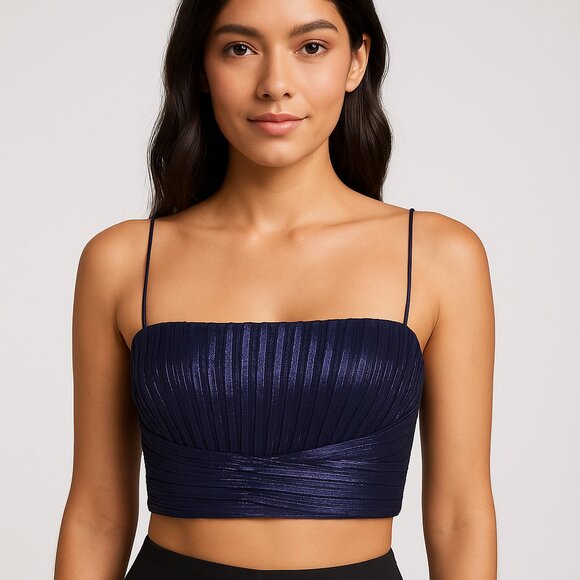 Retrofête Navy Blue Metallic Pleated Crop Top – Size XS - Picture 1 of 5